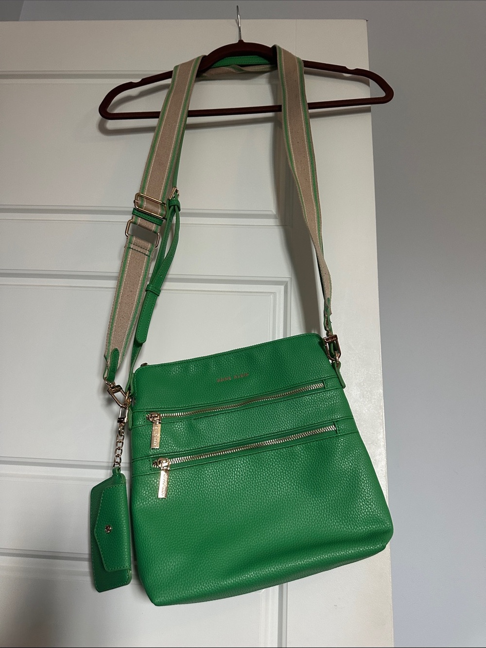 Anne Klein Green Crossbody with Striped Adjustable Strap and card case